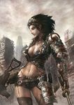  2016 artstation_sample ass_visible_through_thighs badge belt belt_buckle billboard black_hair blue_eyes breasts brown_gloves brown_legwear brown_shorts buckle building building_block chest_tattoo cleavage collarbone cowboy_shot cropped_jacket dated debris dress dual_wielding earrings eyelashes garter_straps gauntlets gloves goggles goggles_on_head gun highleg highleg_panties highres holding holding_gun holding_sword holding_weapon image_sample jacket jay_b_lee jewelry large_breasts leather leather_jacket legs_apart lips lipstick machine_gun makeup midriff navel navel_piercing necklace nose original panties pauldrons piercing scabbard sheath sheathed shiny shiny_skin short_shorts shorts signature skindentation skyscraper solo stomach_tattoo stud_earrings submachine_gun sword tattoo thighhighs underwear weapon 