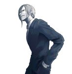  black_suit commentary_request disdain formal grey_eyes hands_in_pockets kei-suwabe looking_at_viewer male_focus muted_color original profile shirt simple_background sketch solo suit white_background 