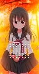  2016 absurdres apple autumn autumn_leaves backlighting black_skirt blurry blurry_background blush brown_eyes brown_hair calendar_(medium) chijou_noko chikanoko closed_mouth collarbone cowboy_shot eyebrows eyebrows_visible_through_hair eyelashes falling_leaves food fruit grapes highres leaf long_hair long_sleeves looking_at_viewer neckerchief number outdoors peach persimmon plant ragho_no_erika school_uniform september serafuku skirt skirt_basket smile standing tareme tree 