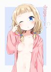  ;o blonde_hair blue_background blue_eyes breasts hood hoodie naked_hoodie navel new_game! one_eye_closed open_clothes open_hoodie pajamas sakura_nene small_breasts solo tears tired tousaki_shiina twintails underboob waking_up wiping_tears 
