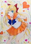  1girl absurdres aino_minako bent_over bishoujo_senshi_sailor_moon blonde_hair blue_eyes bow breasts choker circlet gloves hand_on_hip heart hearts large_breasts long_hair looking_at_viewer mineitb one_eye_closed pose ribbon sailor_venus school_uniform serafuku skirt smile very_long_hair white_gloves wink 