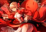  blonde_hair breasts cleavage dress fate/extra fate_(series) flower green_eyes hizuki_miya medium_breasts nero_claudius_(fate) nero_claudius_(fate)_(all) open_mouth petals rose rose_petals smile solo sword weapon 