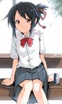  aikura_(twilight_dusk) black_hair bow bowtie brown_eyes can eyebrows eyebrows_visible_through_hair hair_ribbon kimi_no_na_wa light_smile looking_at_viewer miyamizu_mitsuha ponytail red_bow red_neckwear red_ribbon ribbon school_uniform sidelocks sitting skirt solo 