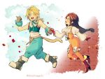  1boy 1girl black_hair blonde_hair blue_eyes bodysuit breasts choker final_fantasy final_fantasy_ix garnet_til_alexandros_xvii gloves highres jewelry long_hair low-tied_long_hair necklace nishimura_(nianiamu) open_mouth orange_bodysuit smile tail zidane_tribal 