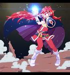  1girl boots cape female full_body lina_inverse magic mizuiro21 outdoors red_eyes red_hair slayers smile solo sorcerer standing white_boots 