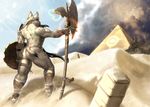  anthro armlet axe black_nose boots brown_hair butt clothing cloud detailed_background ear_piercing female footwear hair hi_res hyena mammal melee_weapon muscular piercing pose pyramid rear_view sand serious shield sky standing underwear weapon white_eyes zorro_re 