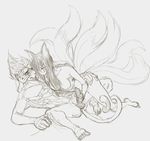  ahri_(lol) anthro balls blush breasts custapple duo erection female fur hair humanoid_penis league_of_legends long_hair male male/female mammal monkey monochrome multi_tail muscular nude penis penis_grab primate simple_background sketch video_games white_background wukong 