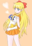  1girl aino_minako artist_request bishoujo_senshi_sailor_moon blonde_hair blue_eyes bow breasts choker circlet earring gloves hand_on_hip heart long_hair looking_at_viewer medium_breasts orange_background ribbon sailor_venus school_uniform serafuku skirt very_long_hair white_gloves 