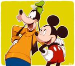  disney furry gloves goofy hand_on_shoulder hands_on_hips hat kiri_futoshi male_focus mickey_mouse multiple_boys open_mouth shorts signature smile turtleneck vest white_gloves 