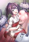  absurdres akizuki_(kantai_collection) blue_eyes blush brown_hair chou-10cm-hou-chan chou-10cm-hou-chan_(hatsuzuki's) chou-10cm-hou-chan_(teruzuki's) cotton_candy hairband highres japanese_clothes kantai_collection kimono looking_at_viewer nekoi_hikaru open_mouth ponytail sitting solo teeth 