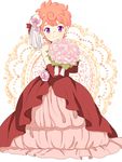  bad_id bad_pixiv_id bare_shoulders bouquet dress elbow_gloves flower gloves hair_flower hair_ornament highres holding hoop_skirt jojo_no_kimyou_na_bouken mozuku_(13domon) pink_flower pink_hair pink_rose purple_eyes red_dress red_gloves rose short_hair smile solo trish_una 