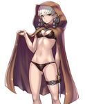  :/ ass_visible_through_thighs bikini black_bikini braid breasts brown_eyes cleavage cloak closed_mouth cowboy_shot dragon's_crown elf elf_(dragon's_crown) eyebrows eyebrows_visible_through_hair groin holster hood hooded_cloak katagiri_(a1466502) knife looking_at_viewer navel pointy_ears short_hair silver_hair small_breasts solo stomach swimsuit thigh_holster twin_braids white_background 