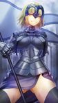  armor blonde_hair breasts chain fate/grand_order fate_(series) headpiece highres jeanne_d'arc_(alter)_(fate) jeanne_d'arc_(fate)_(all) large_breasts panties pantyshot pantyshot_(standing) short_hair shouhei smile solo standard_bearer standing thighhighs thighs underwear yellow_eyes 