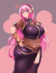  absurdres armpit_peek armpits belly_grab blue_eyes blush breasts commentary covered_navel crop_top detached_sleeves fat fat_folds headphones highres hips huge_breasts kukuru lips long_hair long_skirt megurine_luka older pink_hair plump see-through skirt solo squiggle thick_thighs thighs very_long_hair vocaloid weight_conscious 