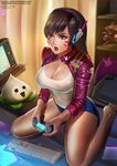  badcompzero breasts brown_hair cleavage commentary controller d.va_(overwatch) dualshock facial_mark game_controller gamepad keyboard_(computer) long_hair medium_breasts overwatch parted_lips short_shorts shorts sitting solo thighs wariza whisker_markings 