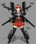  aircraft_catapult black_legwear blouse breasts brown_eyes brown_hair chiyoda_(kantai_collection) dual_wielding hakama headband holding jacket japanese_clothes kantai_collection large_breasts machinery open_mouth ponpu-chou red_hakama seaplane short_hair skirt solo submarine thighhighs watercraft 