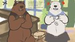  bear bottomless clothed clothing dakota-bear eyewear goggles grizzly_(shirokuma_cafe) male mammal midriff overweight polar_bear shirokuma shirokuma_cafe surprise vest 