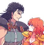  1girl anger_vein bad_id bad_pixiv_id black_hair breasts cleavage height_difference hokuto_no_ken large_breasts mamiya mayuzumi muscle orange_hair purple_eyes red_eyes rei_(hokuto_no_ken) shoulder_pads smile upper_body wavy_mouth 