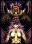  1girl armlet bare_shoulders bracelet breasts choker darklord_ixtab demon_girl demon_wings dress duel_monster earrings erect_nipples fang full_body gluteal_fold halo head_wings highres jewelry long_hair looking_at_viewer multicolored_dress multiple_wings navel open_mouth pointy_ears purple_eyes purple_hair shoes short_dress smile solo stomach thighhighs torn_clothes torn_thighhighs white_background white_legwear wings yellow_shoes yu-gi-oh! yu-gi-oh!jewelry 