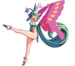  absurdly_long_hair anklet antenna_hair arms_up bracelet breasts butterfly_wings cleavage clenched_hands earrings fairy full_body green_hair green_leotard hair_slicked_back highleg highleg_leotard jewelry la_pucelle leotard long_hair mamelon medium_breasts official_art one_eye_closed open_mouth pantyhose pink_wings pointy_ears ryoji_(nomura_ryouji) solo very_long_hair white_leotard wings 