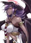  1girl armlet bare_shoulders bracelet breasts choker darklord_ixtab demon_girl demon_wings dress duel_monster earrings erect_nipples fang full_body gluteal_fold halo head_wings highres jewelry long_hair looking_at_viewer multicolored_dress multiple_wings navel open_mouth pointy_ears purple_eyes purple_hair shoes short_dress smile solo stomach thighhighs torn_clothes torn_thighhighs white_background white_legwear wings yellow_shoes yu-gi-oh! yu-gi-oh!jewelry 