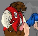  anal bear big_dom_small_sub bottomless clothed clothing cum dakota-bear hot_dogging human letter_jacket male male/male mammal overweight sex size_difference 