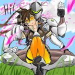  1girl :&gt; brown_hair chip-tooth cyborg genji_(overwatch) goggles grass looking_at_viewer overwatch petals sitting sitting_on_lap sitting_on_person smile tracer_(overwatch) 