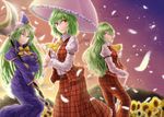  arm_garter ascot belt blue_dress bow bowtie breasts capelet closed_umbrella commentary_request cowboy_shot dress dress_shirt dual_persona field flower flower_field green_eyes green_hair hair_over_one_eye hat high_collar holding holding_staff holding_umbrella juliet_sleeves kazami_yuuka kazami_yuuka_(pc-98) large_breasts long_hair long_sleeves looking_at_viewer mima multiple_girls open_clothes open_vest outdoors pants parasol parted_lips petals plaid plaid_pants plaid_shirt plaid_vest puffy_sleeves red_eyes shirt short_hair skirt skirt_set smile staff sunflower touhou touhou_(pc-98) umbrella vest white_shirt witch_hat y2 yellow_bow yellow_neckwear 