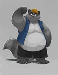  2016 4_toes anthro barefoot belly big_belly black_eyes black_nose brown_hair clothed clothing digital_media_(artwork) dj-rodney flexing front_view full-length_portrait fur grey_background grey_fur hair hi_res looking_at_viewer male mammal mask_(marking) moobs navel overweight overweight_male plantigrade portrait raccoon ringed_tail shorts signature simple_background smile solo standing toes vest whiskers 