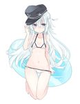  bare_legs barefoot bikini bikini_pull blue_eyes breasts cleavage full_body hair_between_eyes hat hibiki_(kantai_collection) innertube kantai_collection long_hair looking_away navel orqz sidelocks simple_background small_breasts solo string_bikini swimsuit white_background white_bikini white_hair 