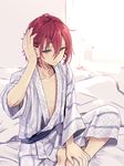  barefoot ensemble_stars! green_eyes hair_down half-closed_eyes hand_in_hair isara_mao japanese_clothes male_focus pink_hair rimo sitting solo waking_up 