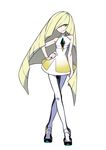  absurdres bangs bare_arms blonde_hair blue_hair commentary crossed_legs diamond dress empty_eyes full_body green_eyes hair_over_one_eye hand_on_hip highres long_hair looking_at_viewer lusamine_(pokemon) multicolored_hair nail_polish official_art pantyhose pokemon pokemon_(game) pokemon_sm see-through shoes short_dress simple_background sleeveless sleeveless_dress smile solo standing streaked_hair take_(illustrator) toe_cleavage very_long_hair watson_cross white_background white_legwear yellow_nails 