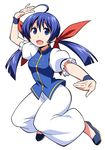  ahoge anbe_masahiro baggy_pants blue_eyes blue_hair chinese_clothes fatal_fury fighting_stance futaba_hotaru hair_ribbon kung_fu long_hair mark_of_the_wolves no_socks open_mouth pants ribbon smile snk solo twintails wristband 