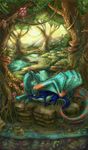  acidapluvia dragon duo feral forest fur furred_dragon horn lying male on_side smile tree wings 