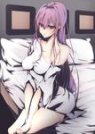  bare_shoulders bed bed_sheet breasts covered_nipples cushion fate/grand_order fate_(series) half-closed_eyes highres large_breasts long_hair looking_to_the_side purple_eyes purple_hair scathach_(fate)_(all) scathach_(fate/grand_order) sitting solo tetsu_(excalibur920) 