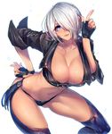  angel_(kof) black_panties blue_eyes blush breasts chaps cleavage collarbone cropped_jacket fingerless_gloves gloves hair_over_one_eye index_finger_raised large_breasts looking_at_viewer navel open_mouth oro_(sumakaita) panties short_hair silver_hair simple_background smile solo the_king_of_fighters underwear white_background 