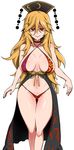  :&gt; alternate_costume ass_visible_through_thighs bags_under_eyes bare_arms bikini blonde_hair body_blush breasts closed_mouth colored_eyelashes curvy fuantei hair_between_eyes hat junko_(touhou) large_breasts long_hair looking_at_viewer nail_polish navel pom_pom_(clothes) red_eyes red_nails revealing_clothes shaded_face shiny shiny_skin solo swimsuit thick_thighs thigh_gap thighs touhou very_long_hair white_background 