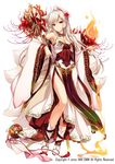  animal_ears armpits bare_shoulders breasts cleavage closed_mouth commentary_request detached_sleeves dress fire flower flower_knight_girl fox_ears fox_girl fox_tail full_body hair_flower hair_ornament higanbana_(flower_knight_girl) holding holding_staff japanese_clothes kimono kitsune kyuubi large_breasts long_hair long_sleeves looking_at_viewer moneti_(daifuku) multiple_tails nail_polish official_art pink_nails red_eyes shakujou side_slit sidelocks smile solo spider_lily staff tail white_background white_dress white_hair wide_sleeves 