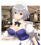  adapted_costume apron blue_dress blue_eyes blurry blurry_background breasts ceiling cleavage cup detached_collar dress grey_hair hair_between_eyes heart heart-shaped_pupils highres indoors izayoi_sakuya large_breasts looking_at_viewer maid maid_apron maid_headdress photo_background puffy_short_sleeves puffy_sleeves shiny shiny_hair shiny_skin short_hair short_sleeves smile solo strapless strapless_dress symbol-shaped_pupils table teacup teapot touhou tray upper_body wrist_cuffs x&amp;x&amp;x 