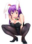  alternate_costume animal_ears bare_shoulders black_footwear black_legwear blush breasts bunny_ears bunnysuit carrot chain cleavage collarbone commentary_request full_body high_heels highres large_breasts leotard long_hair looking_at_viewer misaki_takahiro mouth_hold pantyhose pink_eyes purple_hair reisen_udongein_inaba shoes solo spread_legs squatting touhou white_background wrist_cuffs 