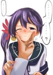  /\/\/\ 1girl ? absurdres admiral_(kantai_collection) akebono_(kantai_collection) bell blush cheek_pinching closed_eyes flower hair_bell hair_flower hair_ornament hand_on_another's_cheek hand_on_another's_face highres jingle_bell kantai_collection long_hair looking_at_viewer one_eye_closed pinching pov purple_eyes purple_hair school_uniform serafuku short_sleeves side_ponytail sketch solo_focus spoken_ellipsis very_long_hair yankee41 