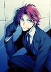  alternate_costume black_gloves collared_shirt ensemble_stars! formal gloves green_eyes gun headset holding holding_weapon isara_mao knee_up looking_up male_focus necktie parted_lips pink_hair shirt solo suit wall weapon xia_(ryugo) 