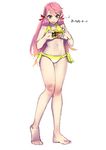  akashi_(kantai_collection) bikini blush green_eyes hair_ribbon kantai_collection ken_sogen long_hair navel note pink_hair ribbon smile solo swimsuit tress_ribbon 