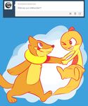  barnabe blue_background blush buizel chest_tuft colaxpepsi cute duo english_text eye_contact hand_holding male nintendo pok&eacute;mon scraggy simple_background text tuft video_games 