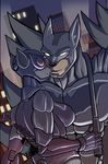  anthro armor batarang batman batman_(series) breasts canine cat catwoman clothed clothing costume dc_comics duo eyewear feline female goggles jaeh male mammal smile superhero whip wolf 