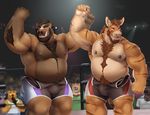  2016 5_fingers adios anthro armpit_hair arms_above_head beard biceps black_hair black_nipples boar body_hair bovine brown_fur brown_hair brown_nipples brown_stripes bulge canine cat cattle chest_hair clothed clothing detailed_background digital_media_(artwork) dog donkey duo_focus elbow_tufts equine facial_hair facial_piercing feline fighting_ring fur green_eyes group hair happy_trail horn hybrid male mammal musclegut muscular muscular_male navel nipple_piercing nipples nose_piercing nose_ring one_eye_closed open_mouth orange_fur pecs piercing porcine raised_arm septum_piercing smile standing striped_fur stripes sweat tail_tuft tan_fur teeth the_farewelled tiger tuft tusks wink wrestler wrestling_singlet 