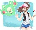  black_eyes brown_hair cap minion open_mouth poke_ball pokemon ponytail short_pants touko_(pokemon) 