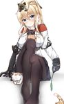  absurdres anchor animal animal_on_head black_cat black_gloves black_legwear blonde_hair blue_eyes blush breasts capelet cat cat_on_head cat_teaser celtic_knot gloves graf_zeppelin_(kantai_collection) hair_between_eyes highres impossible_clothes jacket kantai_collection large_breasts looking_at_viewer military military_uniform miniskirt moyoron no_hat no_headwear on_head pantyhose sidelocks simple_background skirt tsurime twintails uniform wavy_mouth white_background 