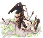  :o belt black_gloves black_legwear bodysuit breasts cape center_opening elbow_gloves eyepatch flower gloves granblue_fantasy grass hand_on_own_head hand_on_own_stomach high_heels highres jewelry knife legs_together legs_up lying medium_breasts navel necklace omuraisu_(hamburger_steak) on_back open_mouth orange_eyes planted_weapon short_hair silver_hair single_thighhigh solo tanya_(granblue_fantasy) thigh_strap thighhighs torn_cape torn_clothes weapon 