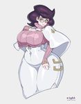  :&gt; breasts covered_navel curvy eight_(upright-infinity) fat gigantic_breasts glasses green_eyes looking_at_viewer plump pokemon pokemon_(game) pokemon_sm purple_hair ribbed_sweater smile solo sweater thick_thighs thighs turtleneck wicke_(pokemon) wide_hips 